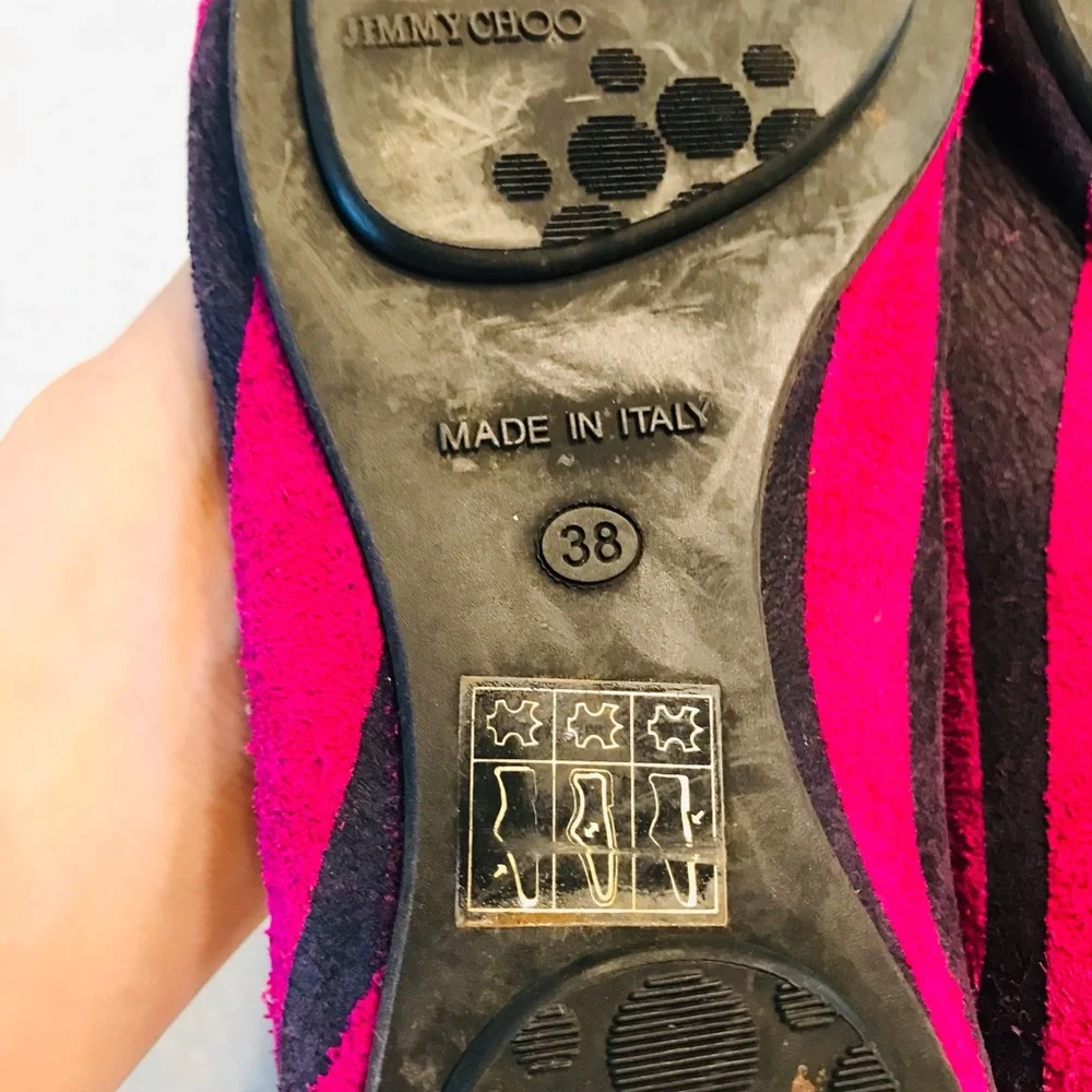 Jimmy Choo Pink and Black Striped Suede Ballet Flats